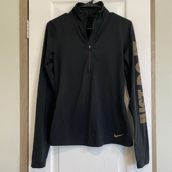 Nike Golf Womens Size Medium Black And Gold Dri-FIT Stretch Half-Zip Thumb Holes - Picture 1 of 9